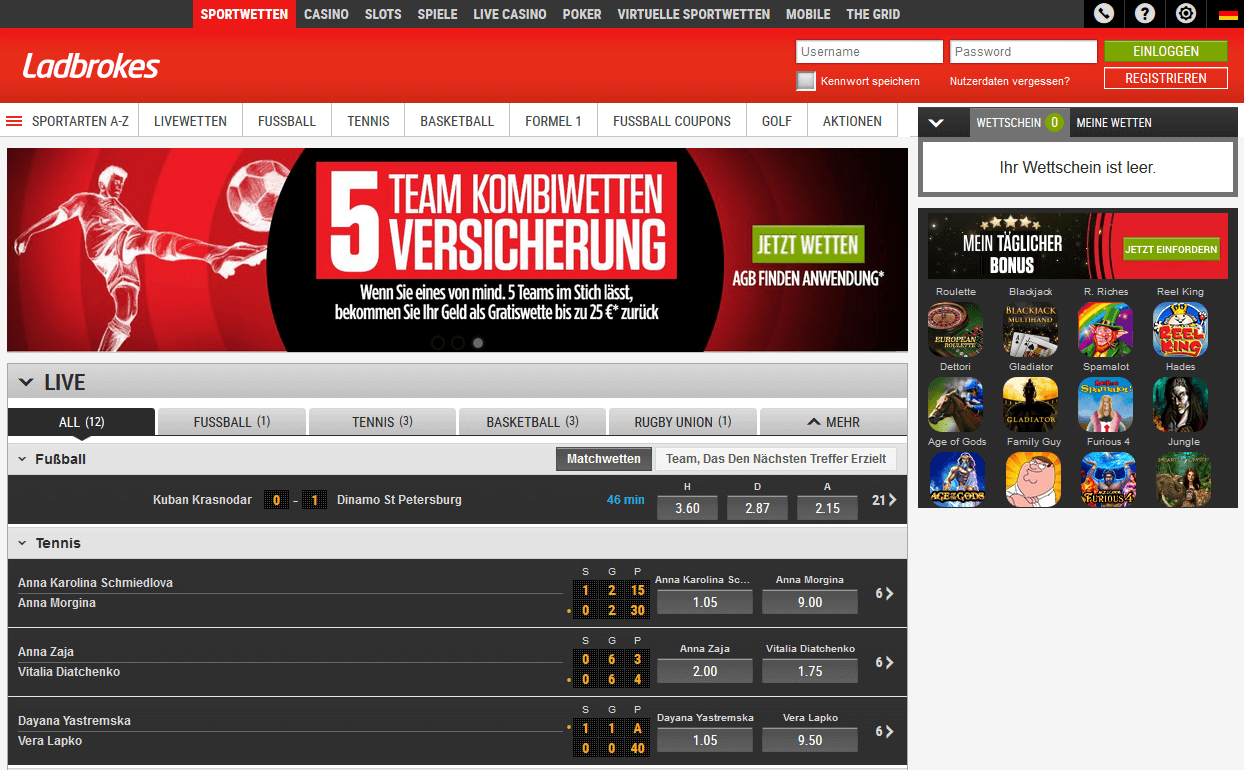 Die aktuelle Ladbrokes Webseite 2017