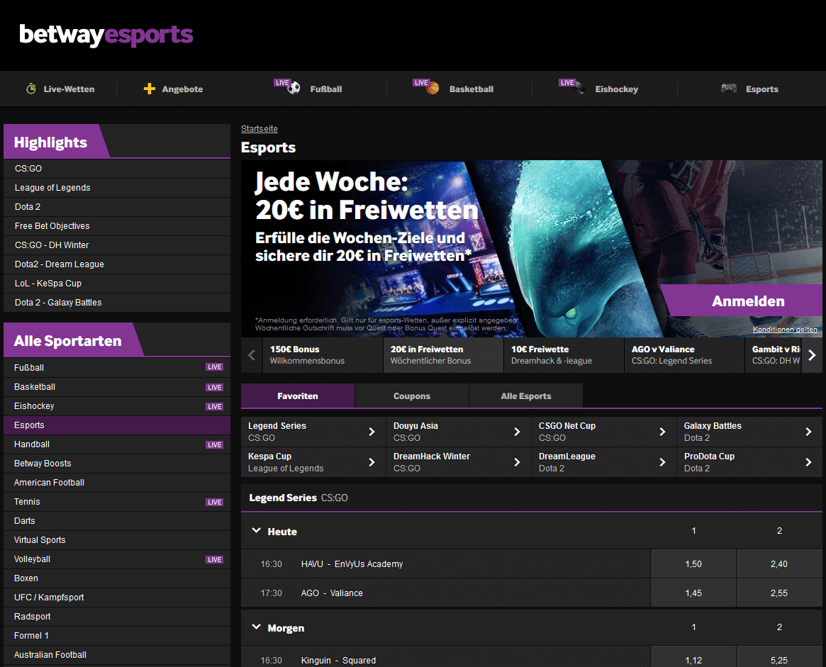 Betway eSport Webseite
