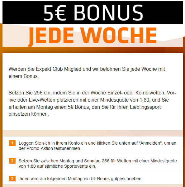 5 Euro Bonus jede Woche bei Expekt
