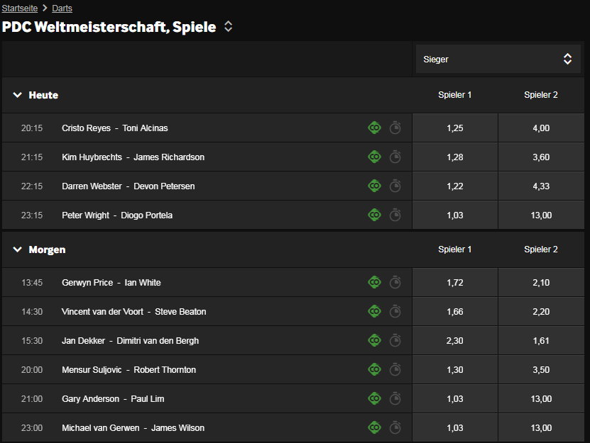 Darts Quoten Betway