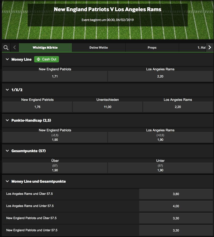 Betway Wettmärkte Super Bowl Spiel