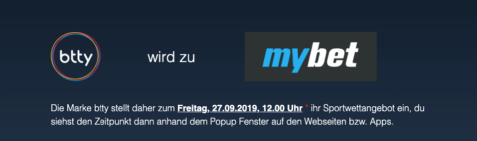 angebot eingestellt: btty wird zu mybet